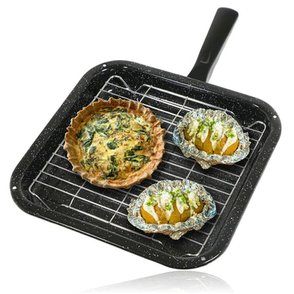 Universal Small Square Grill Pan, Rack & Detachable Handle Non-Stick (Black, 285 mm x 275 mm) |  Ideal for Boats | Caravans | Mobile Homes | Mini Oven | Combi Microwaves