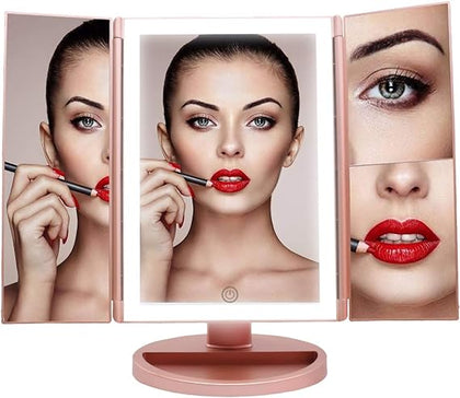 WEILY Rose Gold Light Vanity Makeup Mirror 1x/2x/3x Magnification Trifold with 36 LED Lights Touch Screen and USB charging, 180 Degree Adjustable Stand for Countertop Cosmetic Makeup Mirror(Rose Gold)