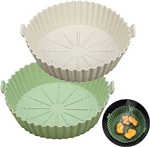 Air Fryer Round Liners | Pots x 2  Ninja Round Reusable AirFryer Silicone Tray Pods | Silicone 8.5'| 22cm for Ninja | Tower | Tefal (2×Pastel Colours | 1 Light Green &  1 Light Pink))