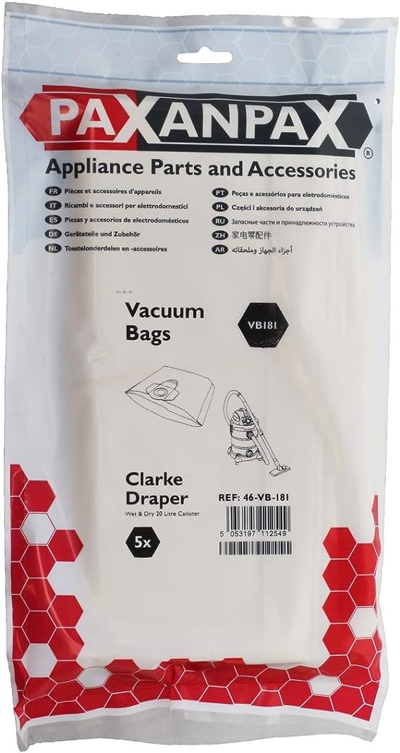 20L Wet & Dry Series Paper Bags (Pack of 5) Compatible with VB181 Clarke | Draper | Lidl Parkside