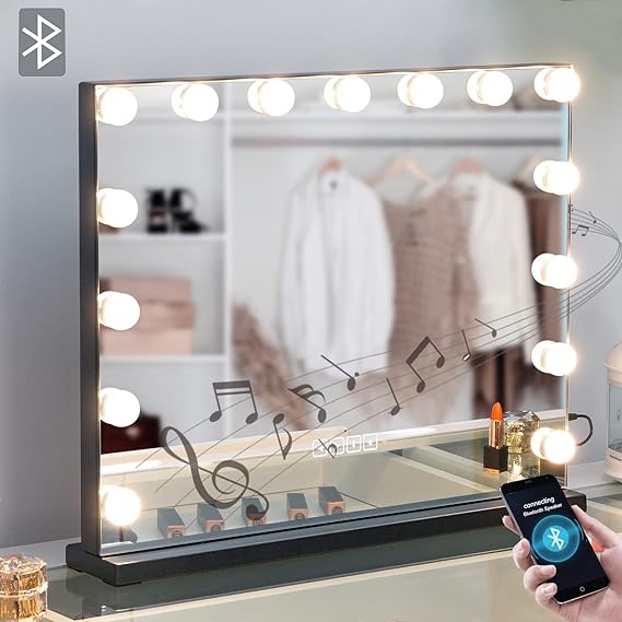 Hollywood Makeup Mirror with two bluetooth speakers Black DWYERS HOMESTORE