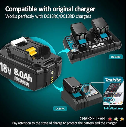2 Pack Makita Battery 8.0Ah | 18V Replacement Compatible Battery for Makita 18V BL1860 BL1860B BL1850 BL1840 BL1830 BL1815 BL1845 BL1860B 194205-3 | Longer Operational Time