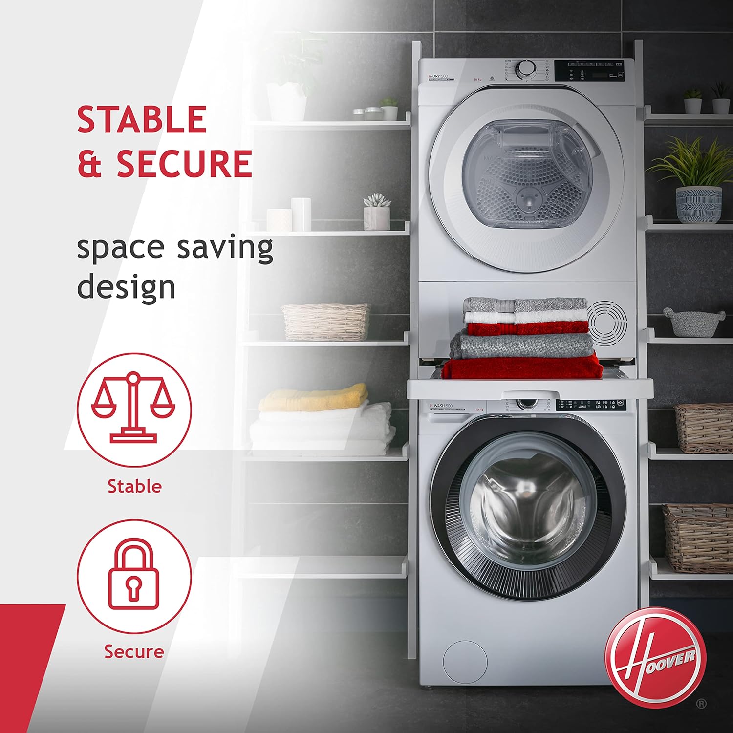 Hoover  | Candy Universal Stacking Kit with Sliding Shelf for Washing Machines and Dryers - Suitable for Washing Machines with Depth 47-62 cm - Space-Saving - Easy to Install - White - Universal