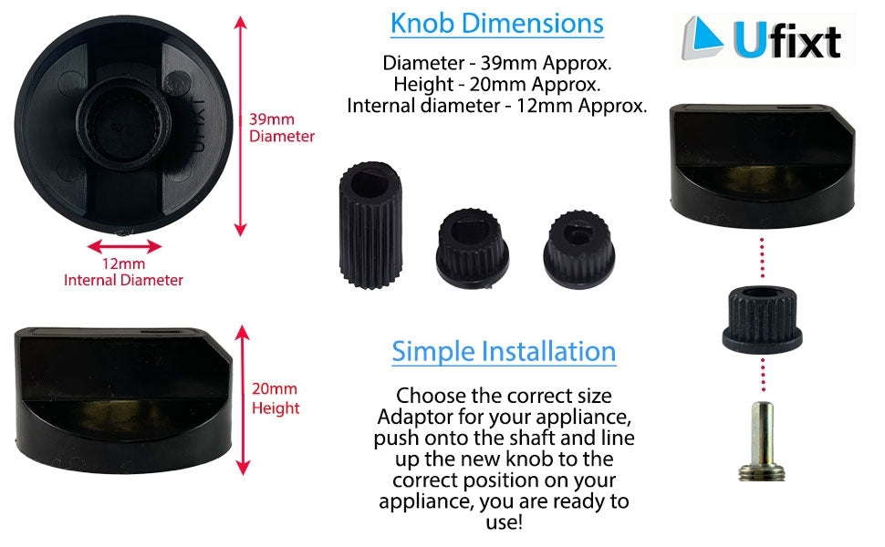 Universal Cooker Oven Grill Control Knob And Adaptors Black Fits both Gas Electric