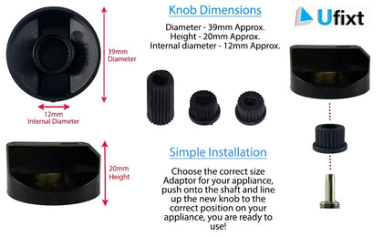 Universal Cooker Oven Grill Control Knob And Adaptors Black Fits both Gas Electric