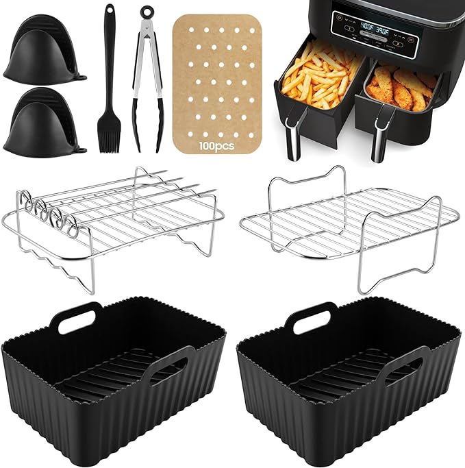 Air Fryer Accessory Pack | Silicone Air Fryer Liner | 9 PCS Air Fryer Accessories Kit for Ninja Dual AF400UK & AF300UK & Tower T17088 | Reusable Air Fryer Liners & Air Fryer Rack  Accessory