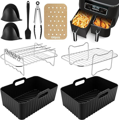 Air Fryer Rack and Accessory Pack | Silicone Air Fryer Liner Kit | 8 PCS Air Fryer Accessories Kit for Ninja Dual AF400UK & AF300UK & Tower T17088 | Reusable Air Fryer Liners & Air Fryer Rack  Accessory