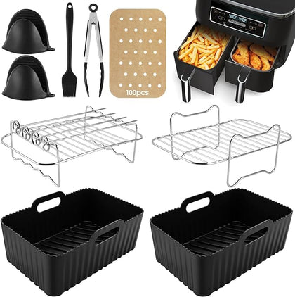 Air Fryer Accessory Pack | Silicone Air Fryer Liner | 9 PCS Air Fryer Accessories Kit for Ninja Dual AF400UK & AF300UK & Tower T17088 | Reusable Air Fryer Liners & Air Fryer Rack  Accessory