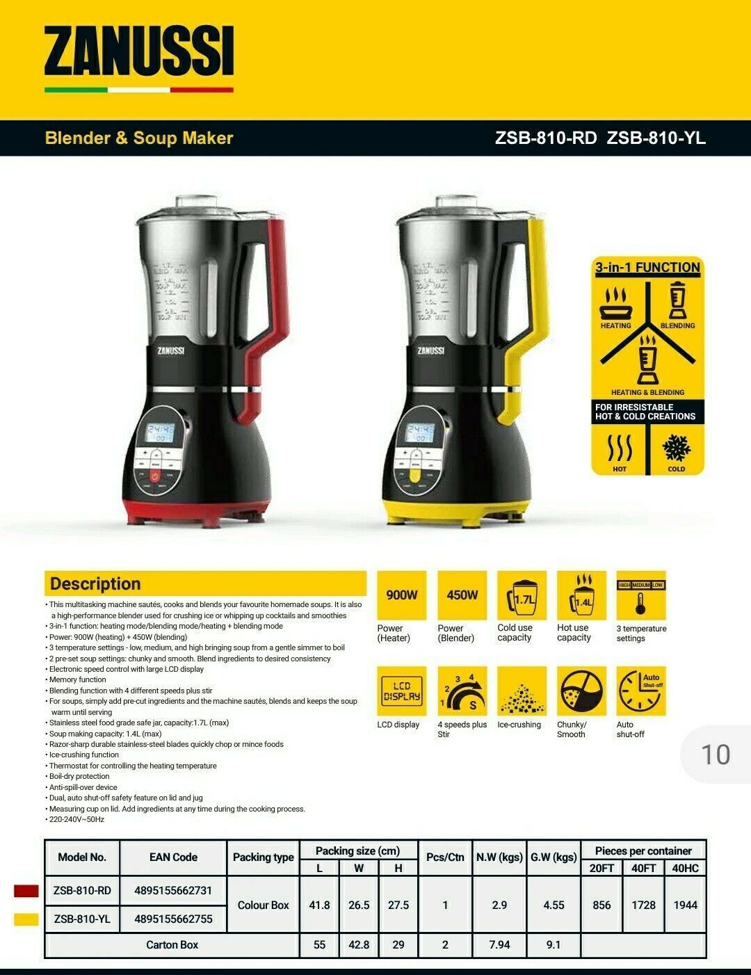 Zanussi ZANUSSI ITALIAN DESIGN Soup Maker/Blender RED ZSB-810-RD  1.7L Blender & Soup Maker Red & Black